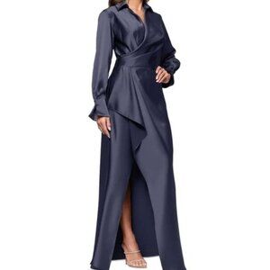 Xscape Navy Blue Collar Long Sleeve Satin Gown Dress